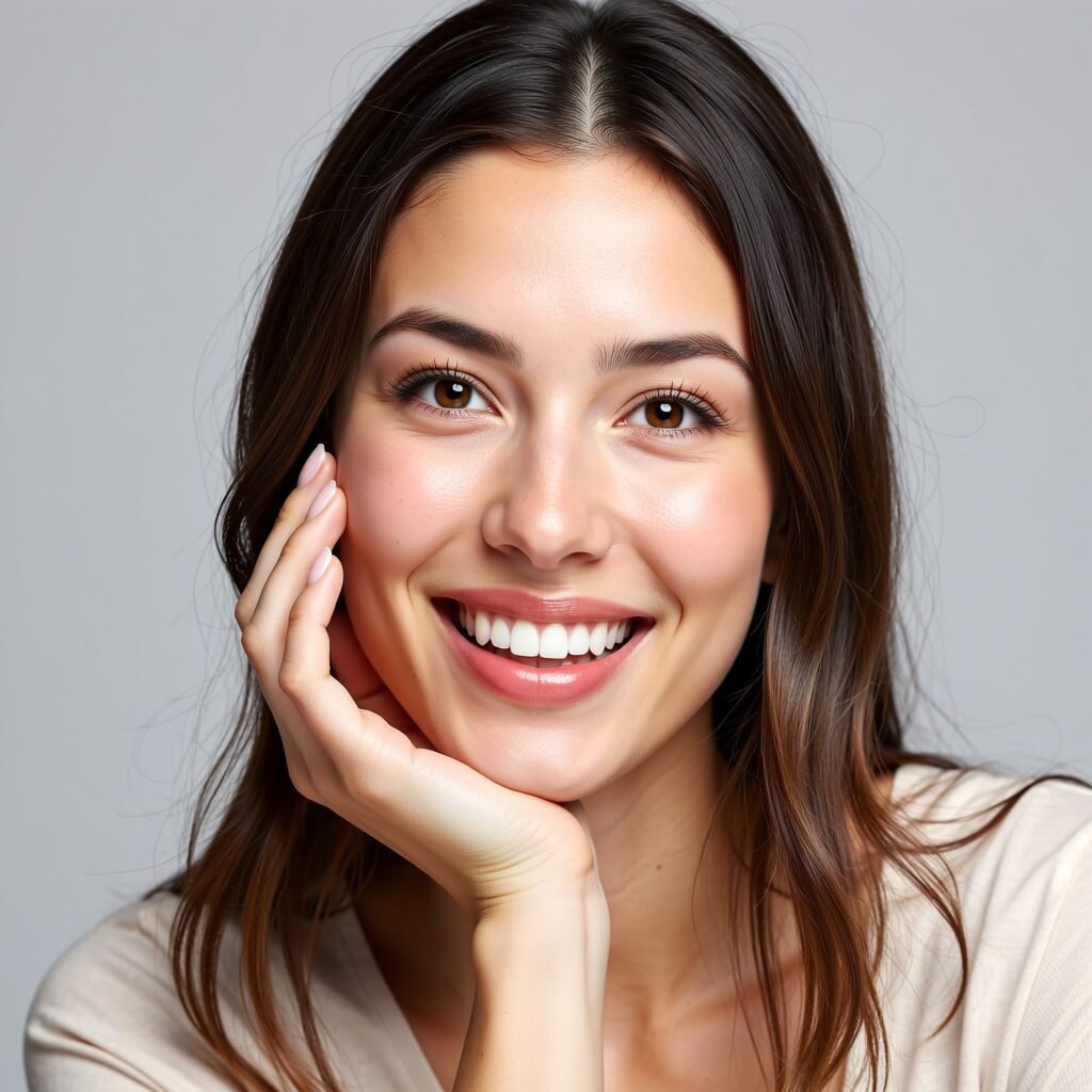 A beautiful portrait of a young woman with a stunning, wide smile, showing perfect teeth. Natural makeup and healthy, glowing skin on an isolated background for beauty and dental concepts - wow dental