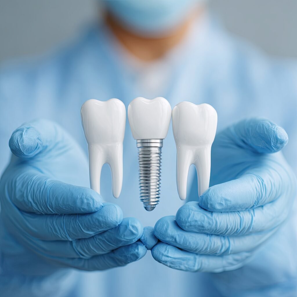 A dentist holding a white 3D dental implant against a light background. Dental banner template.